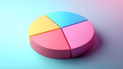 Obraz premium Colorful 3D pie chart, vibrant pastel colors, blue, pink, yellow, green segments, abstract data visualization, minimalist design, soft gradient background, clean aesthetic.