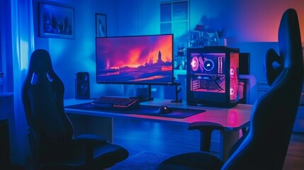 A gaming table in a room with atmospheric blue lighting, showing a monitor and high-end gaming accessories.