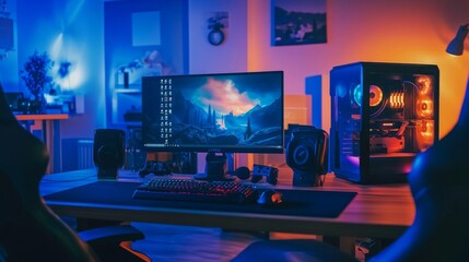 A gaming table in a room with atmospheric blue lighting, showing a monitor and high-end gaming accessories.