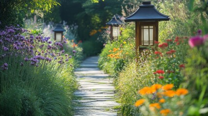 Fototapeta premium A garden path lined with lanterns, leading through tall grasses and colorful flowers on a sunny day.