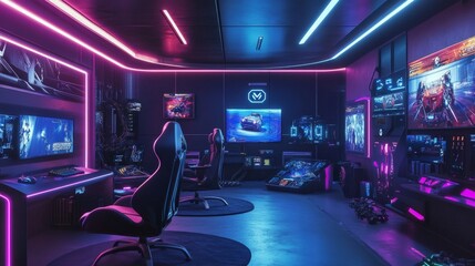 A high-tech gaming room with a suspended ceiling, built-in lighting effects, and multiple gaming stations.