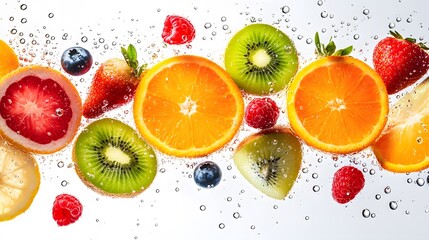 Colorful fruit slices floating, pure white background, dynamic composition, levitating fruits, kiwi, orange, strawberry, raspberry, blueberry, lemon, splash of colors, high-speed.