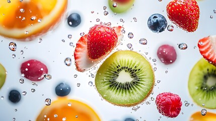 Colorful fruit slices floating, pure white background, dynamic composition, levitating fruits, kiwi, orange, strawberry, raspberry, blueberry, lemon, splash of colors, high-speed.