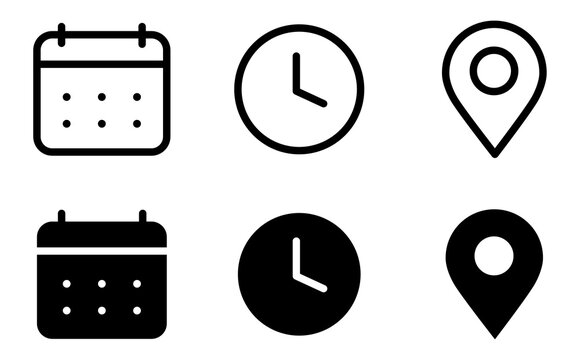 Address time date icons set. Address location icon. Stopwatch timer icon. Date Calendar icon. Black line and flat web icons.