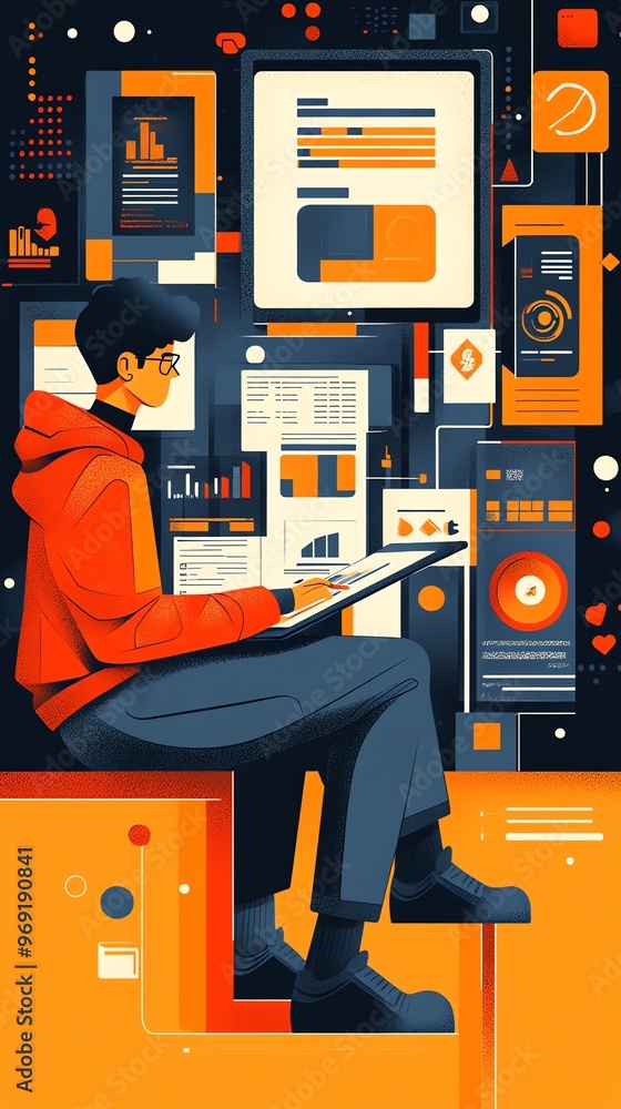 Poster a young man is working on a project, surrounded by digital data and charts. he is sitting on a large
