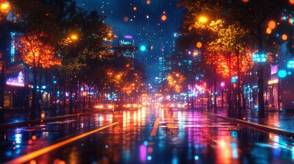 Obraz premium Futuristic street lighting system powered by solar and AI: A city with smart streetlights that turn on and off automatically based on environmental factors.