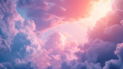 Naklejka premium Dreamy pastel sky, fluffy pink and lavender clouds, bright blue atmosphere, ethereal cloudscape, cotton candy colors, heavenly panorama, celestial beauty, soft gradient.