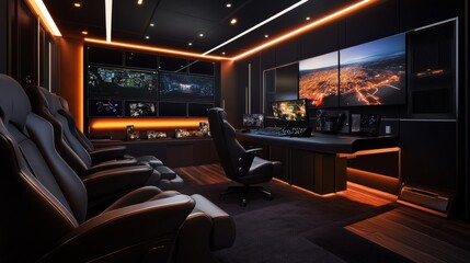 A luxury gaming room design with leather seating, multiple screens, and a high-end gaming console setup.