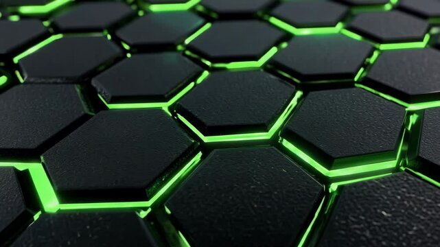 A black and green hexagonal pattern with neon green lights. The pattern is made up of small squares that are all connected to each other. Scene is energetic and dynamic