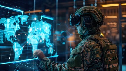 A soldier in camouflage uniform and VR headset interacts with a digital world map and data screens in a high - tech command center
