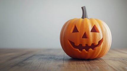 Halloween pumpkin on wooden table, white background, minimalist, jack-o'-lantern, carved pumpkin, orange and white, clean aesthetic, holiday decoration.