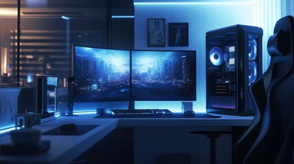 Naklejka premium A minimalist gaming table with a single widescreen monitor, RGB lighting, and a compact CPU tower.