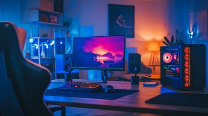 A minimalist gaming table with a single widescreen monitor, RGB lighting, and a compact CPU tower.