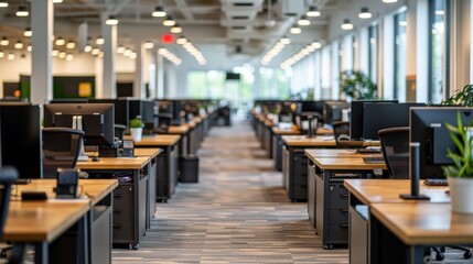 A spacious, modern open-plan office with rows of desks and computer monitors, well-lit with natural light from large windows, designed for a collaborative working environment