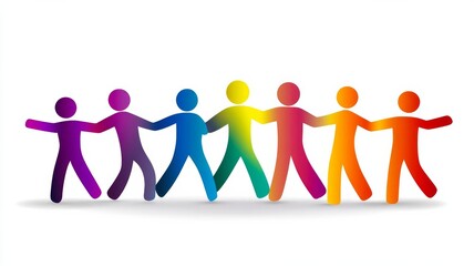 Human figures holding hands in a color gradient. Symbol of workplace unity, diversity, trust, empathy, harmony, togetherness, teamwork on White isolated background