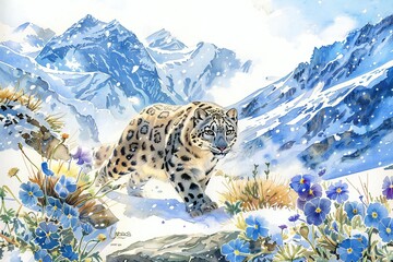 Fototapeta premium Snow Leopard prowling through the snowy peaks of the Himalayas with edelweiss and blue poppies, watercolor illustration, created by ai