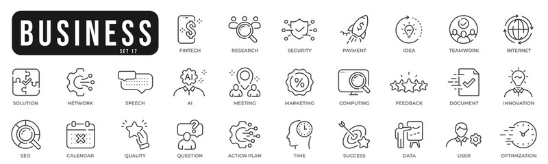 Business related original icons. Network, teamwork, payment, computing, seo, ai etc. Editable stroke. Set 17