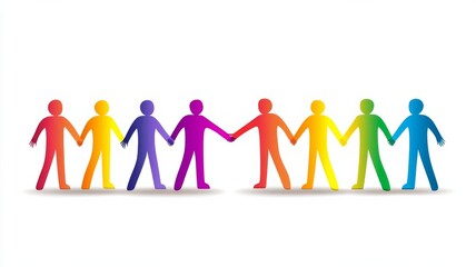 Human figures holding hands in a color gradient. Symbol of workplace unity, diversity, trust, empathy, harmony, togetherness, teamwork on White isolated background