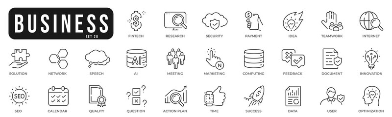 Business related original icons. Network, teamwork, payment, computing, seo, ai etc. Editable stroke. Set 20
