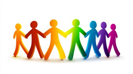 Human figures holding hands in a color gradient. Symbol of workplace unity, diversity, trust, empathy, harmony, togetherness, teamwork on White isolated background