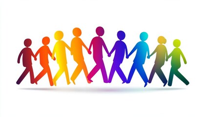 Human figures holding hands in a color gradient. Symbol of workplace unity, diversity, trust, empathy, harmony, togetherness, teamwork on White isolated background