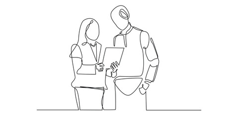 continuous line of business woman discussing with robot.one line drawing of ai robot helping man doing business.single line working with ai technology.isolated white background