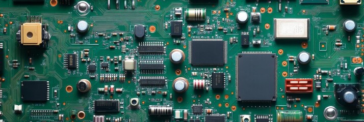 Closeup of green electronic circuit board with radio parts and chip processors background