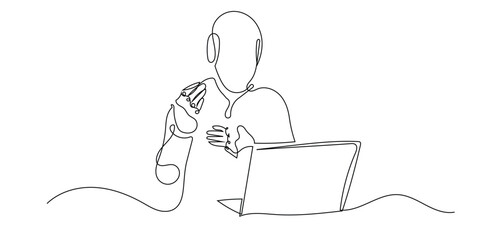 continuous line of AI robot making video call on laptop.drawing of one line of ai robot giving solution to people with video calls.single line working with ai technology.isolated white background