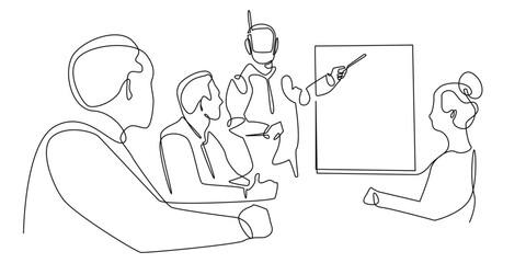 continuous line of AI robot leading a business meeting.one line drawing of ai robot presenting in front of office work group.single line working with ai technology.isolated white background