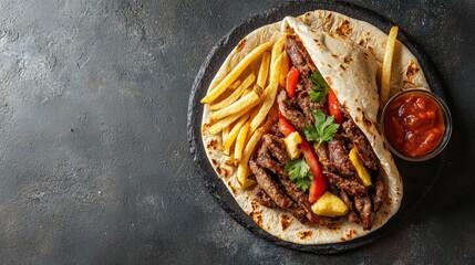 Delicious Grilled Steak Wrap with Crispy Fries and Spicy Ketchup on a Dark Rustic Plate