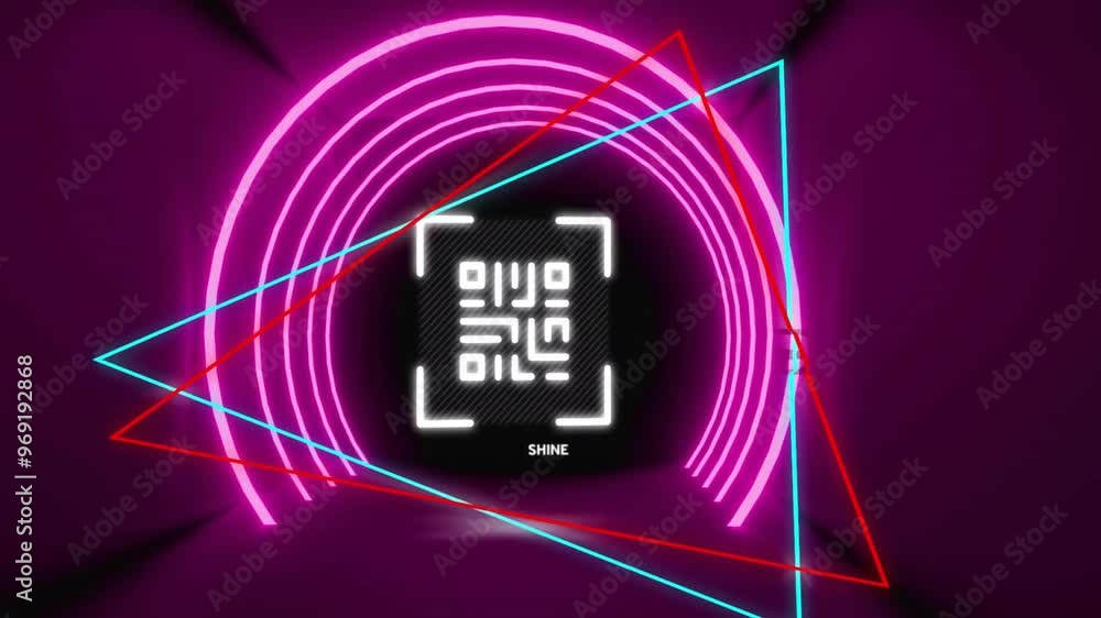Aufkleber animation of shine text, qr code and glowing neon triangles with circles moving over red background