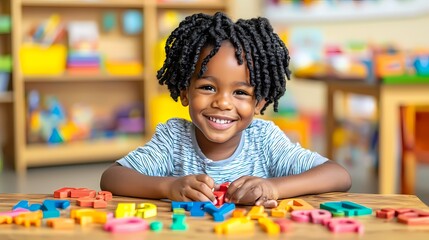 Smiling Black boy playing with colorful alphabet toys in a bright classroom.