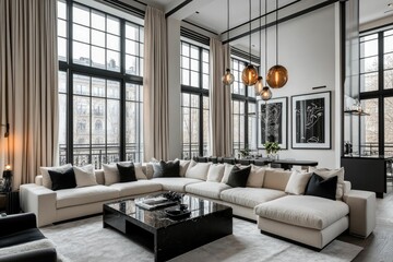 Fototapeta premium Modern living room with large windows and stylish furniture.