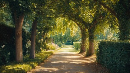 Naklejka premium A quiet garden path with a canopy of trees, casting dappled sunlight on the walkway below.