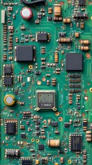 Closeup of green electronic circuit board with radio parts and chip processors background