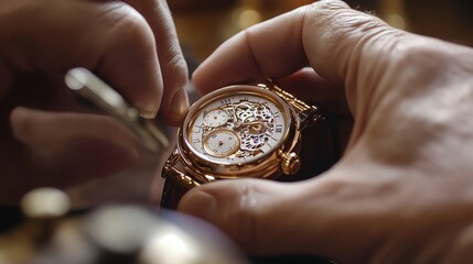 A watchmaker adjusts the time on a luxury watch.