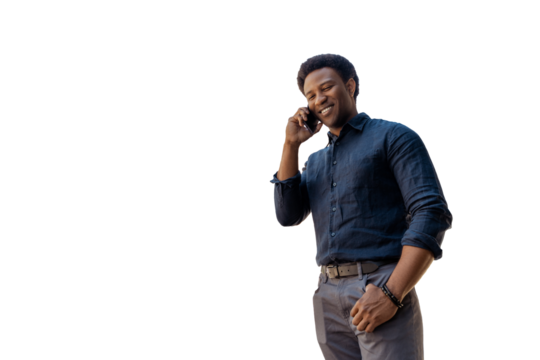 Smiling man talking on phone outdoors against transparent background