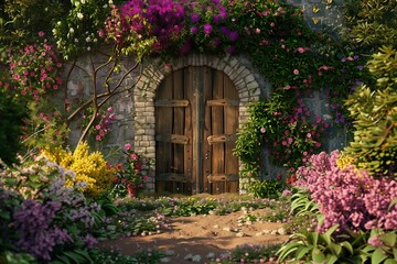 Fototapeta premium Serene 3D render of a rustic garden gate surrounded by blooming flowers, created by ai