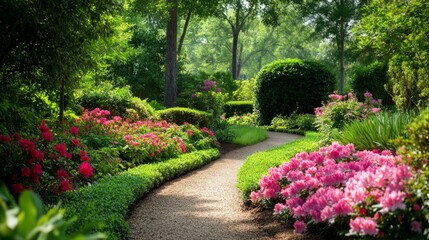 Fototapeta premium A serene garden path lined with blooming flowers, surrounded by lush green shrubs and trees.