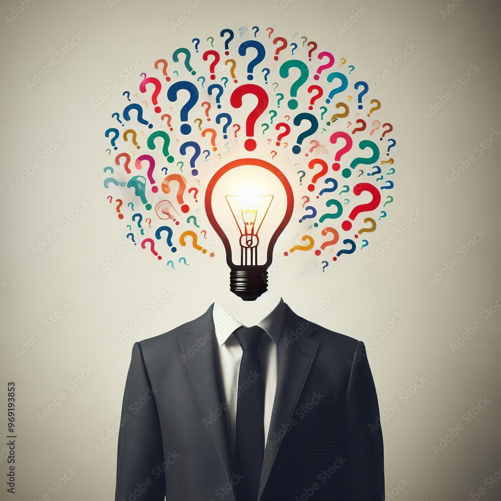 Poster surreal image of a businessman in a suit with a light bulb for a head surrounded by colorful questio