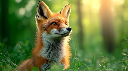 Obraz premium In the meadow, a red fox basks in warm sunbeams, its fur glowing in the golden light.