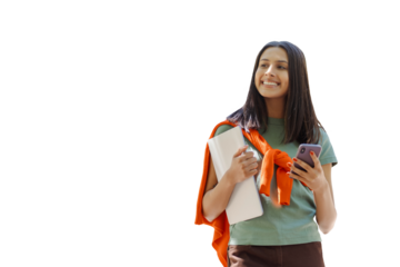 Smiling young woman holding laptop and smartphone against transparent background
