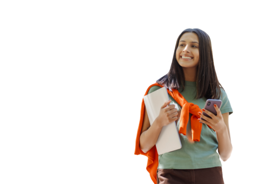 Smiling young woman holding laptop and smartphone against transparent background - Powered by Adobe