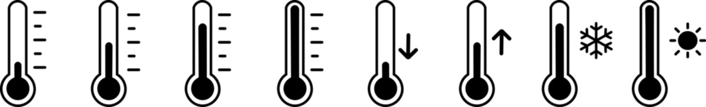 Thermometer with temperature scale, climate control, weather change, vector flat two-color icons with sunny or snowy day, weather pictogram. Thermometer temperature icon collection on white background