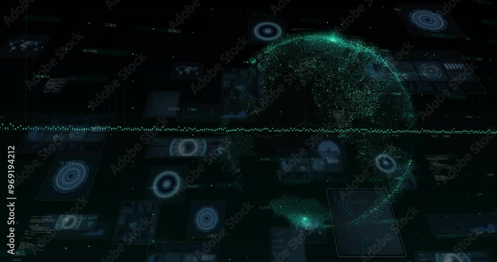 Aufkleber animation of financial data processing and globe over black background