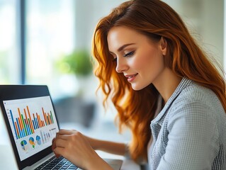 Fototapeta premium A young woman with long, red hair smiles as she analyzes data on her laptop.