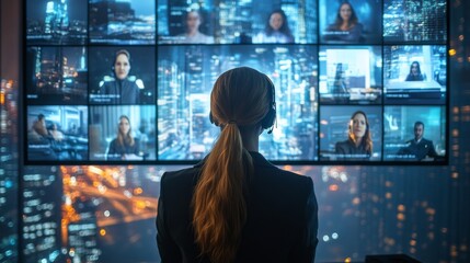 Futuristic telepresence avatars allowing individuals to work from any location: Workers attending meetings via realistic avatars in remote locations.