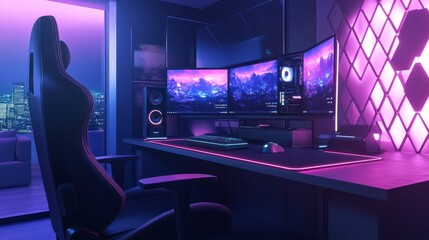 A sleek, modern gaming table setup with dual monitors, RGB lighting, and a high-end gaming chair.