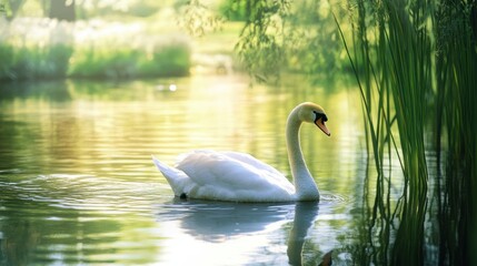 Fototapeta premium A swan swimming peacefully in a pond in the park, with tall reeds and trees reflected in the water.