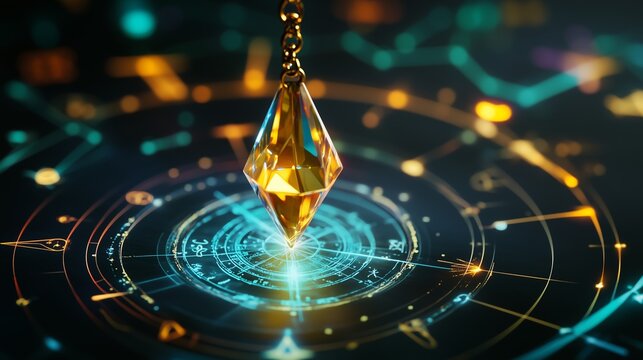 A mystical crystal pendulum hovers above intricate zodiac symbols and glowing runes in a dark, enchanted space